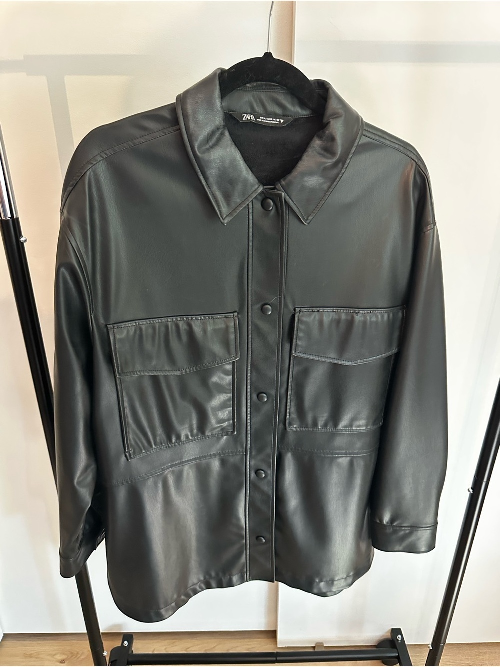 ZARA Black Faux Leather Overshirt with Front Flap Pockets